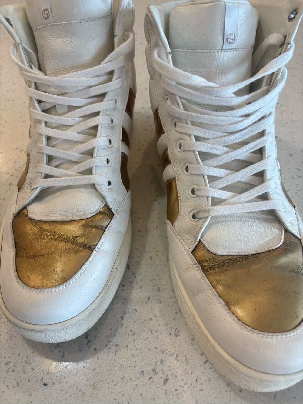 Gucci White Leather High-Top Sneakers with Metallic Gold Panels - Picture 3 of 9
